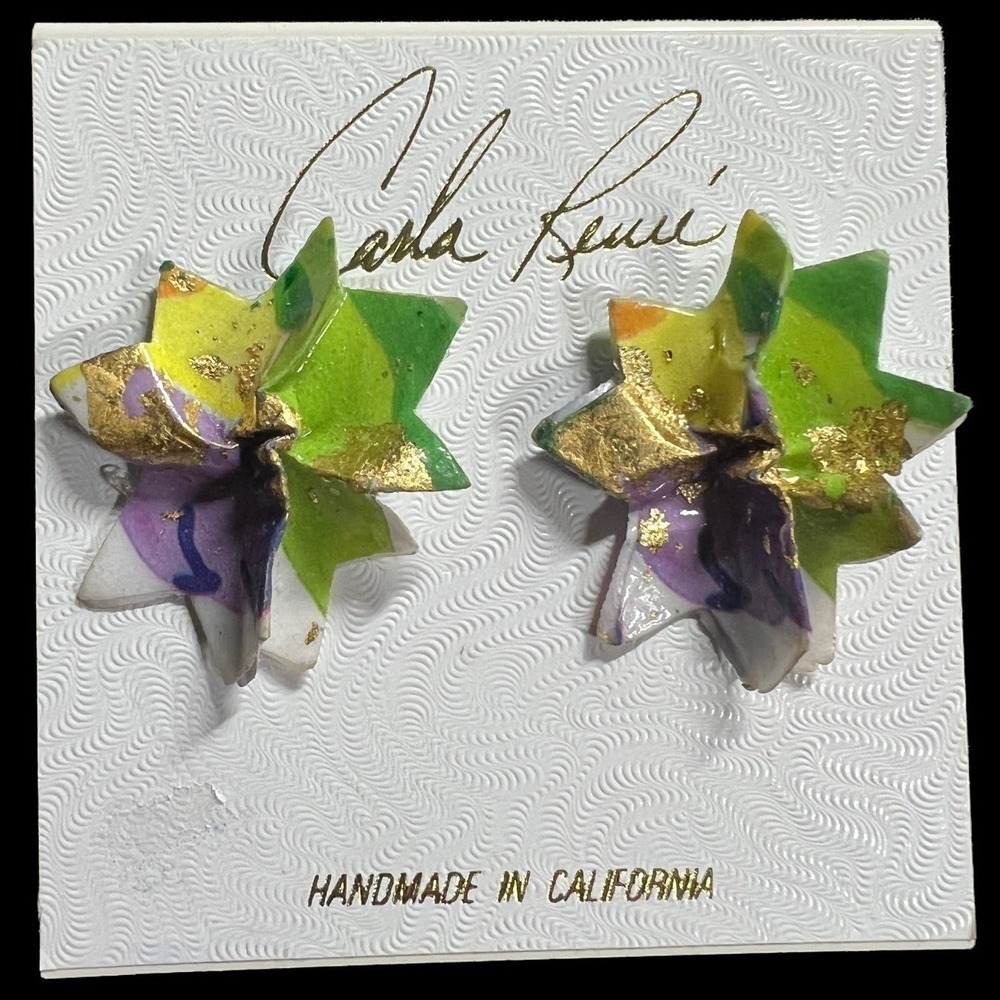 Carla Renee Earrings Enameled Paper Freeform Green‎ Purple White Made in the USA